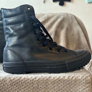 Converse All Star Black Leather High Top Combat Shoe, Size 7.5